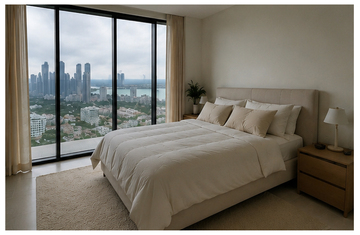 Neutral bedroom overlooking the Miami skyline